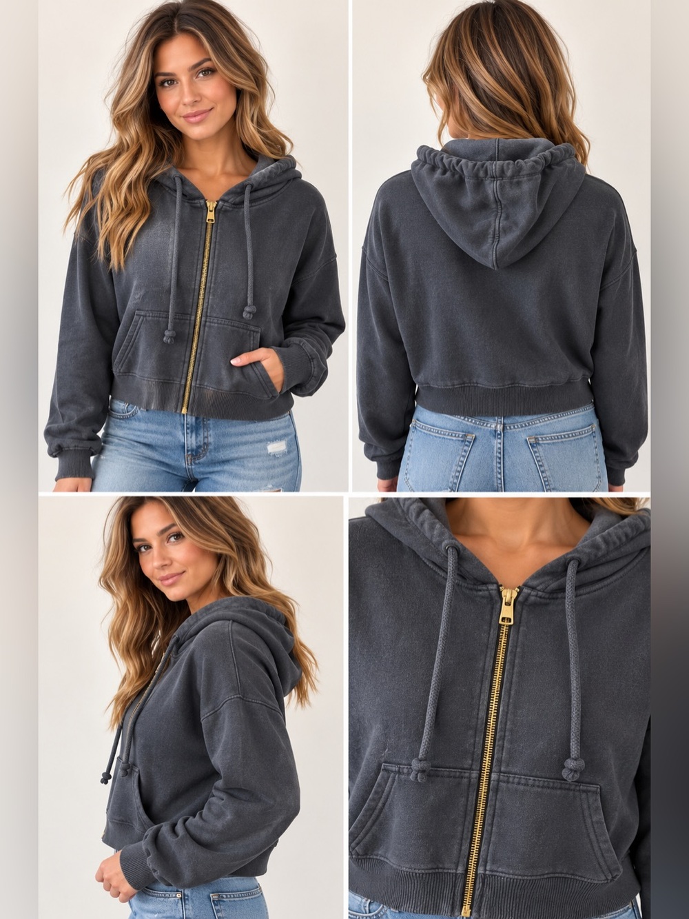 American Eagle Women’s Medium Washed Charcoal Cropped Zip Up Hoodie